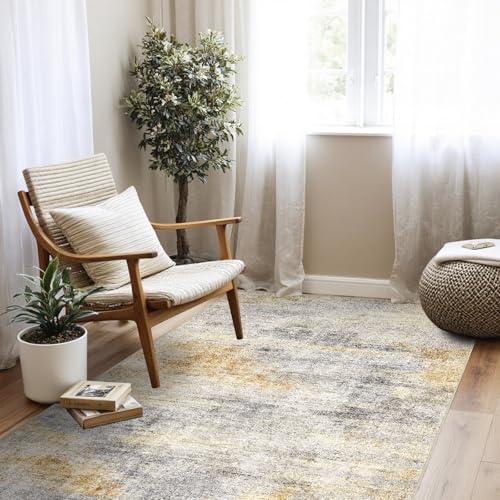4x5 Area Rug Washable Abstract (Grey/Yellow / 4' x 5')
