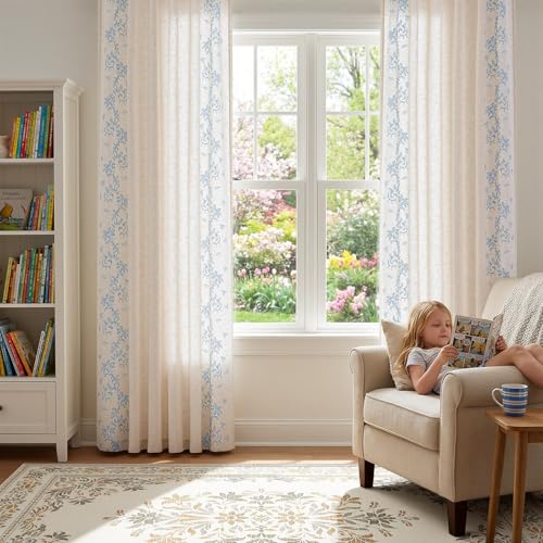 Floral Linen Curtains 96 Inch Farmhouse Back Tab 2 Panels (Vine | Sky Blue / 50"W x 96"L (Pack of 2))