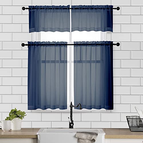 Sheer Window Curtains Tier 2 Pieces Set (Navy Blue / 42"W x 36"L (Pack of 2))