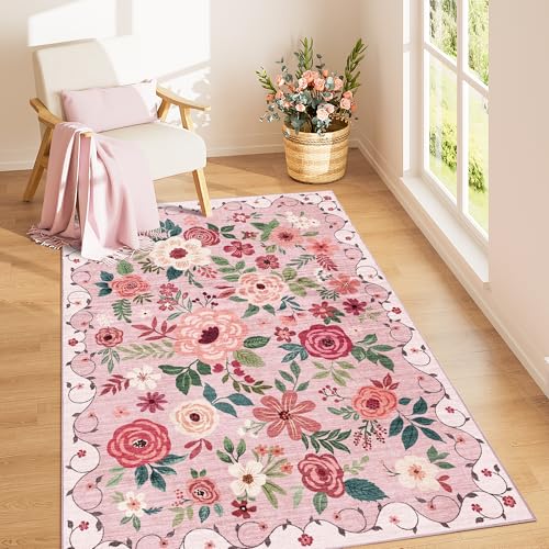 3x5 Area Rug Floral Washable Rug for Bedroom Non Slip (Pink / 3' x 5' (Rectangular))