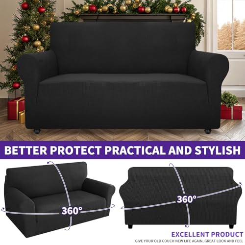 Super Stretch Couch Cover Love Seat Sofa Covers for Living Room Dogs Pet Friendly Furniture Protector Spandex Loveseat Slipcovers with Anti Slip Foam Sticks (Black / Medium (57"-70"))