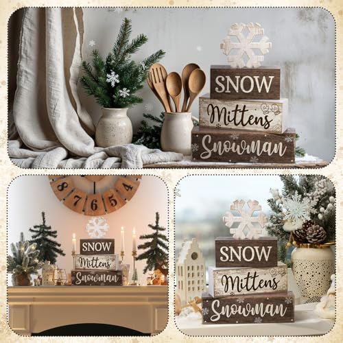4 Pcs Wooden Snowman Block Signs Farmhouse Table Decoration (Snowflake Snowman)