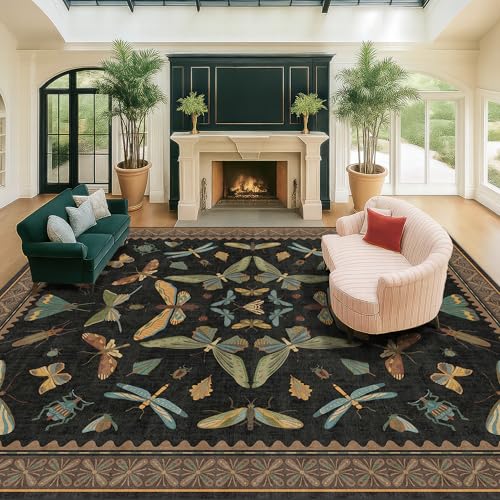 Black Washable Insect Area Rugs 8x10 for Living Room (8' x 10' (Rectangular) / Black / Multi)