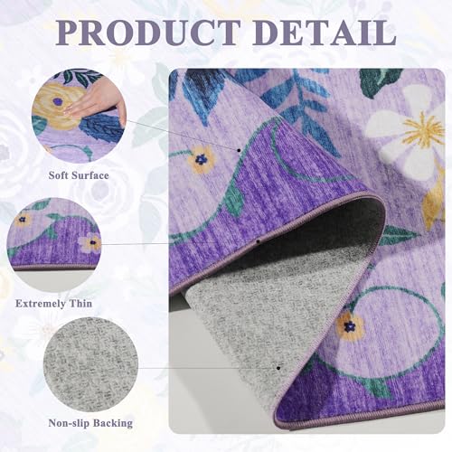 3x5 Area Rug Floral Washable Rug for Bedroom Non Slip (Purple / 3' x 5' (Rectangular))