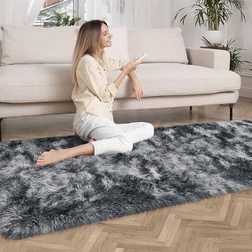 Tie Dyed Dark Grey 2x6 Machine Washable Runner Rugs for Hallway Soft Fluffy Shaggy Bedside Rugs for Bedroom Living Room Indoor Floor Carpet for Kids Girls and Boys Nursery Rooms Home Decor Aesthetic (Tie-dyed Dark Grey / 2' x 6' (Runner))