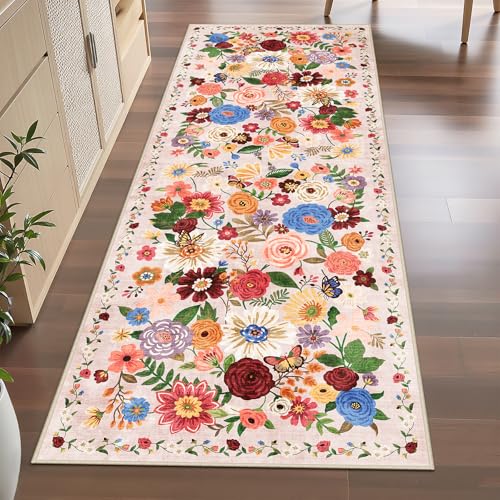 Washable Runner Rug 2x6 Beige Floral (Blush Beige / 2' x 6' (Rectangular))