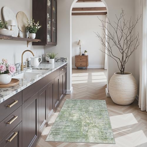 2x3 Abstract Washable Rugs for Kitchen (Green/Ivory / 2' x 3' (Rectangular))