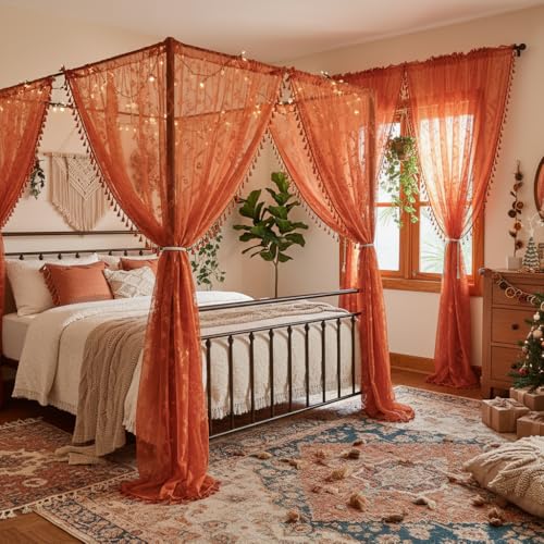 Boho Lace Curtains 63 Inch 2 Panels (Terracotta / 52"W x 63"L (Pack of 2))