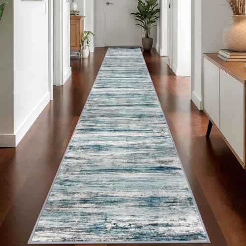 Modern Abstract Hallway Runner Rug (Blue / 2'8" x 18' (Runner))