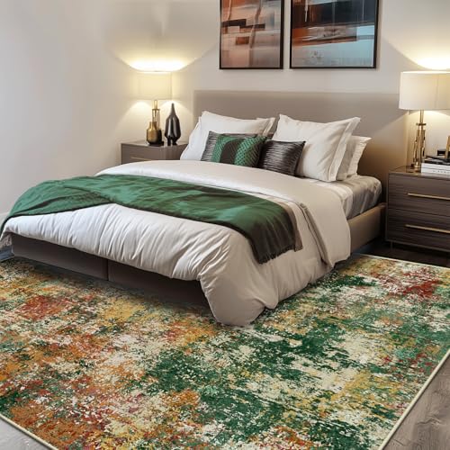 Washable 5'x7' Abstract Area Rug for Living Room Green Multi (Green/Orange/Red/Blue / 5' x 7' (Rectangular))