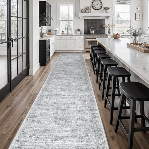 Hallway Runner Rug 2'6" x 14' Washable Long Kitchen Rugs Grey (Grey / 2'6" x 14' (Runner))