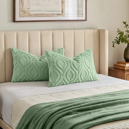 Faux Fur Plush Sage Green Throw Pillow Covers 12x20 Set of 2 (20" x 12" (Pack of 2) / Sage Green)
