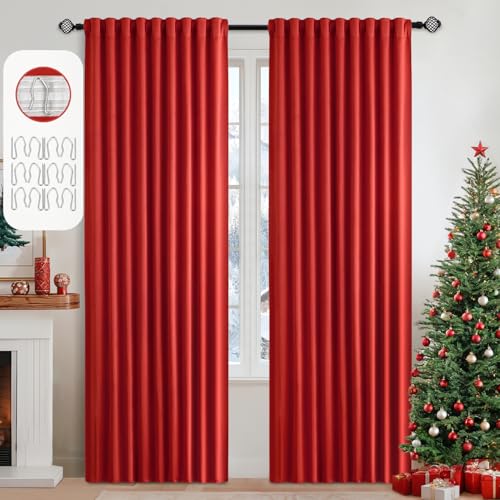 Christmas Red Back Tab Blackout Curtains 52x90 Inch Long 2 Panels (Red / 52"W x 90"L (Pack of 2))
