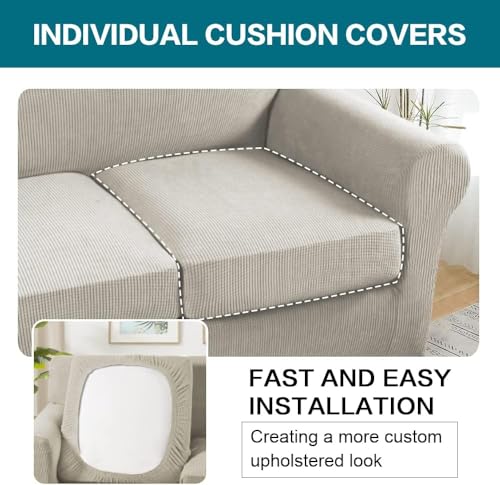 4 Piece Sofa Covers for 3 Cushion Couch Sofa Slipcover Soft Couch Cover for Dogs Washable Furniture Cover with 3 Individual Large Cushion Covers Feature Fabric (L Sofa (3 Cushion) / Island Fossi)
