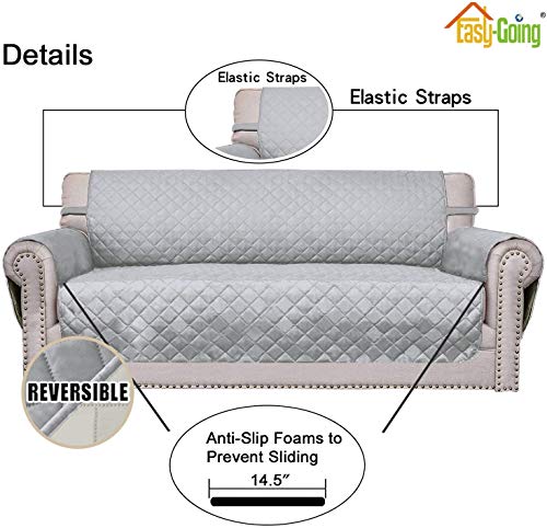 4 Seater Sofa Slipcover Reversible Sofa Cover Water Resistant Couch Cover with Foam Sticks Elastic Straps Furniture Protector for Pets Children Dog Cat (Light Gray/Ivory / XX-Large Sofa)