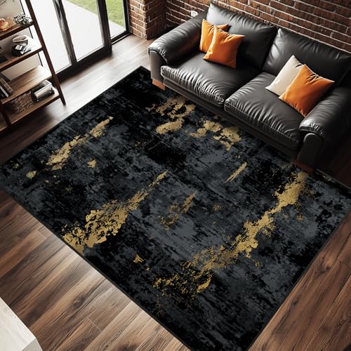 Washable 5'x8' Abstract Area Rug for Living Room Black Gold (Black/Gold / 5' x 8' (Rectangular))