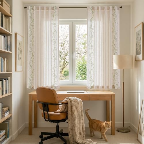 Floral Linen Curtains 63 Inch Farmhouse Back Tab 2 Panels (Vine | Sage / 50"W x 63"L (Pack of 2))