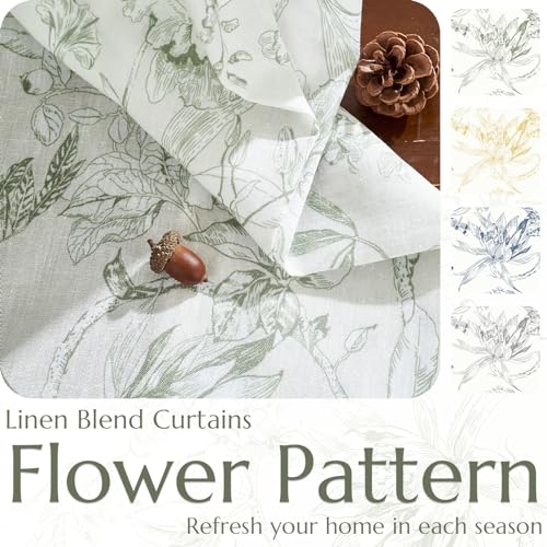 Green Floral Linen Curtains 84 Inch Vintage Back Tab 2 Panels (Flower Green on White / 50"W x 84"L (Pack of 2))