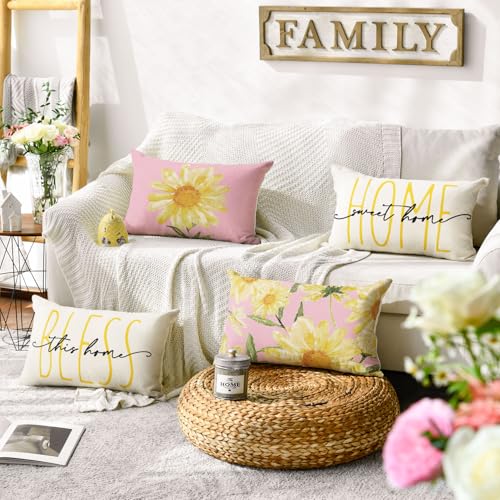 Home Sweet Home Spring Summer Flowers Pink Throw Pillow Covers (Pink&white / 20" x 12" (Pack of 4))