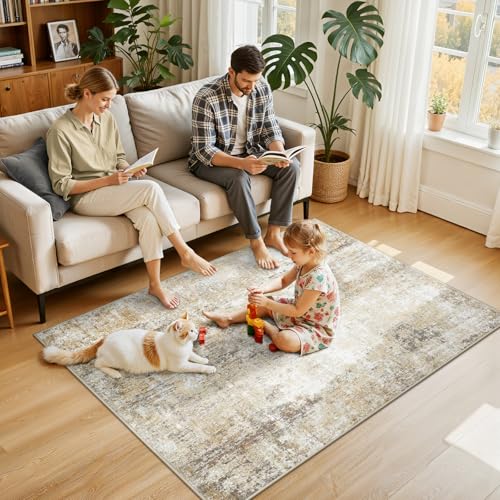 Washable 4'x6' Abstract Area Rug for Living Room Neutral Brown (Gray/Neutral Brown / 4' x 6' (Rectangular))