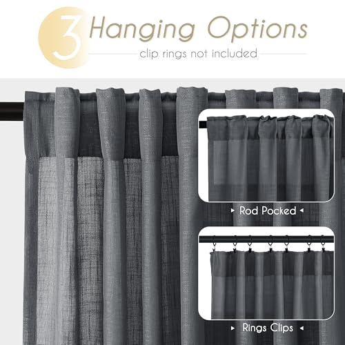 Dark Gray Curtains for Living Room Back Tab Modern Farmhouse Semi Sheer Gray Curtains 45 inches Long 2 Panels Set Muted Neutral Window Curtain for Dining Room Bedroom 52x45 (Dark Gray / 52"W x 45"L (Pack of 2))