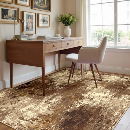 Washable 4'x6' Abstract Area Rug for Living Room Brown Tan (Brown/Tan / 4' x 6' (Rectangular))