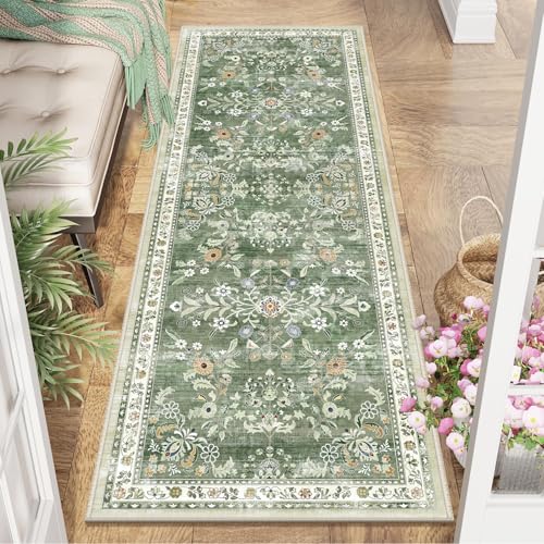 2x6 Washable Hallway Runner Rug Non Slip Floral Carpet (Green / 2' x 6')
