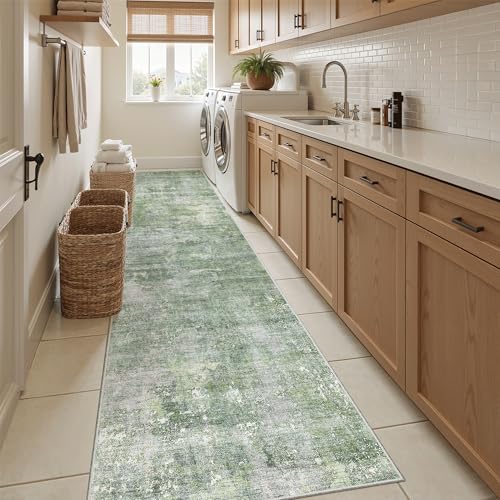 Abstract Runner Rug 2x12 Hallway Kitchen Runners Green (Green/Ivory / 2' x 12' (Runner))