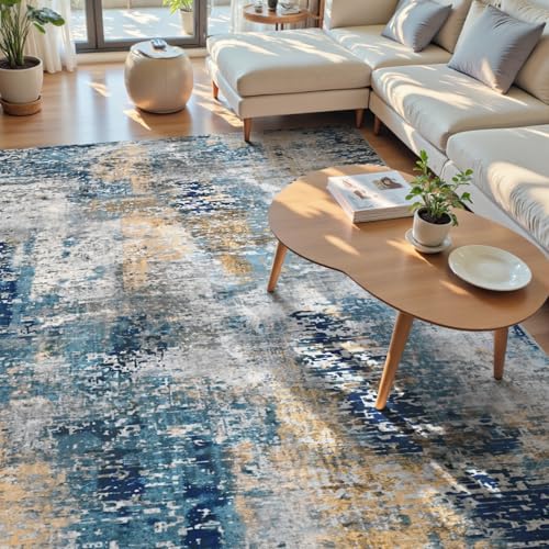 Living Room Rug 7x10 Ultramarine Area Rugs Machine Washable Abstract Boho Large Rug Non (Ultramarine / 7' x 10' (Rectangular))