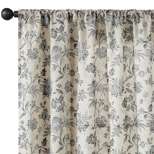 Black Floral Linen Curtains 63 Inch Vintage Back Tab 2 Panels (*Jacobean Black / 50"W x 63"L (Pack of 2))
