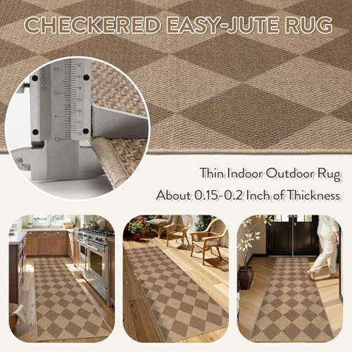 Checkered Easy Jute Kitchen Runner Rug (2'6" x 8' (Runner) / Nature/Checkerboard -2)