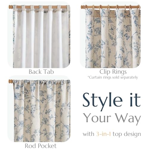 Blue Floral Linen Curtains Lined 84 Inch Vintage Back Tab 2 Panels (Charlotte Blue / 50"W x 84"L (Pack of 2))