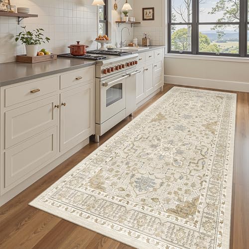 4x8 Wide Hallway Runner Rug Washable for Living Room (Beige/Blue / 4' x 8' (Runner))