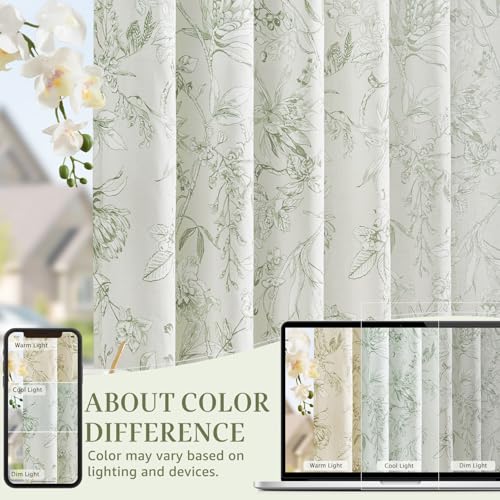Green Floral Linen Curtains 84 Inch Vintage Back Tab 2 Panels (Flower Green on White / 50"W x 84"L (Pack of 2))