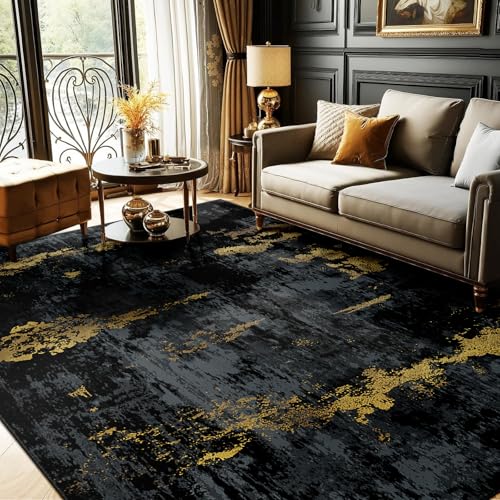 Washable 5'x7' Abstract Area Rug for Living Room Black Gold (Black/Gold / 5' x 7' (Rectangular))