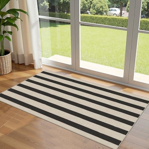 Front Door Mat Indoor Entrance (Striped - Black / Cream / 2' x 4'3" (Rectangular))