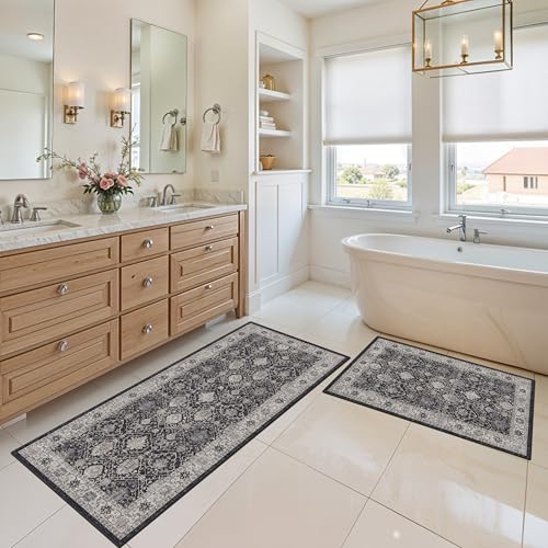 Washable 4 Piece Kitchen Floor Mats (2x3+2x4+2x5+2x6 / Black/Navy)