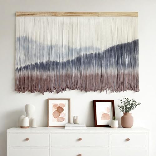 Large Dip Dye Macrame Wall Hanging Tapestry 59"x38" Boho Decor (Blue Gray and Coffee)