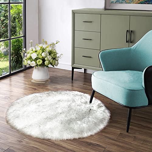 Grey and White Small Round Rug 3ft Faux Sheepskin Fur Circle Rug for Living Room Bedside Fluffy Shag Rugs Cute Room Décor (3' (Round) / White With Grey Tips)