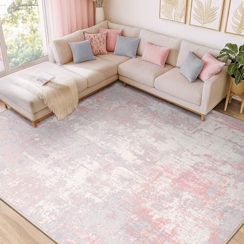 Washable 10'x14' Abstract Area Rug for Living Room Gray Pink (Gray/Pink / 10' x 14' (Rectangular))