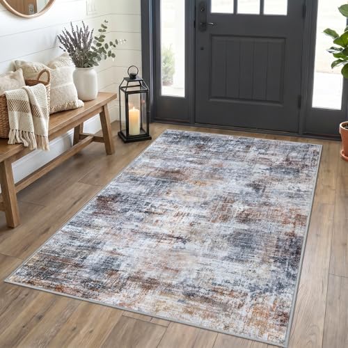 Abstract Area Rug 4x5 Ft Washable Rugs for Entryway Indoor (Orange/Brown/Grey / 4' x 5' (Rectangular))
