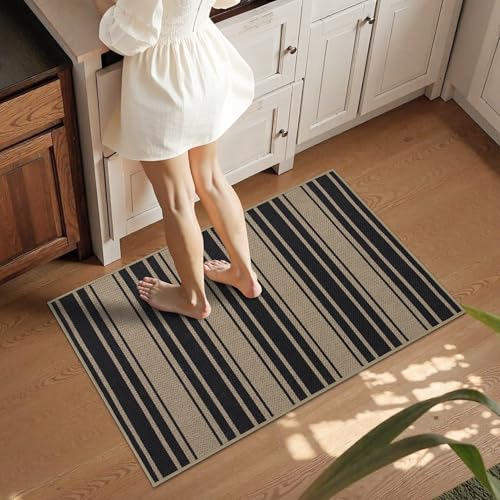 Striped Easy Jute Kitchen Rug 2x3 Entryway Rug Front Door Mat (2'*3'(Rectangular) / Black/Striped)