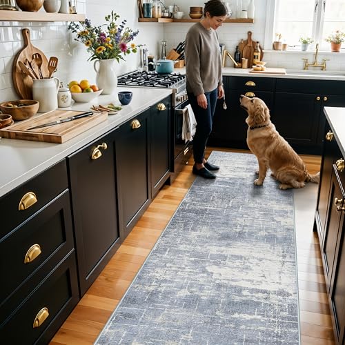 Hallway 2x10 Washable Runner Rug (2' x 10' (Rectangular) / Blue/Ivory)
