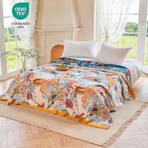 Boho Throw Blanket 90"x108" 100% Cotton Floral Blanket King Bed Decor (Opera Bloom / 108"x90")