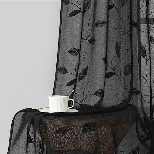 Black Sheer Curtains Leaf Embroidered (52"W x 63"L (Pack of 2) / Black)