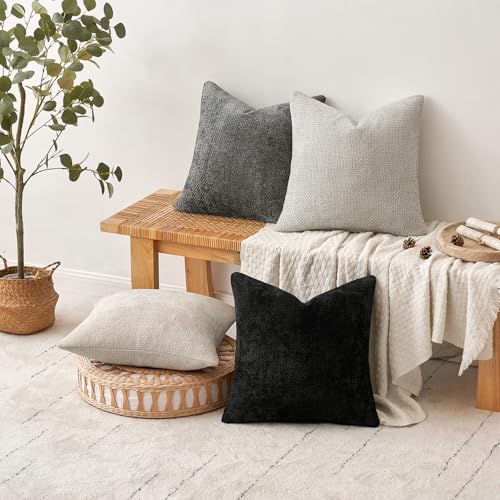 Soft Decorative Chenille Pillow Covers Cream Grey 16x16 Pack of 4 (16" x 16" (Pack of 4) / Neutral Cream/Grey)