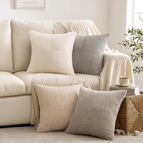 Neutral Decorative Throw Pillow Covers 20x20 Inch Set of 4 for Livingroom Couch Sofa Modern Farmhouse Soft Corduroy Cushion Cases Striped Patchwork Home Decor (20" x 20" (Pack of 4) / Neutral)