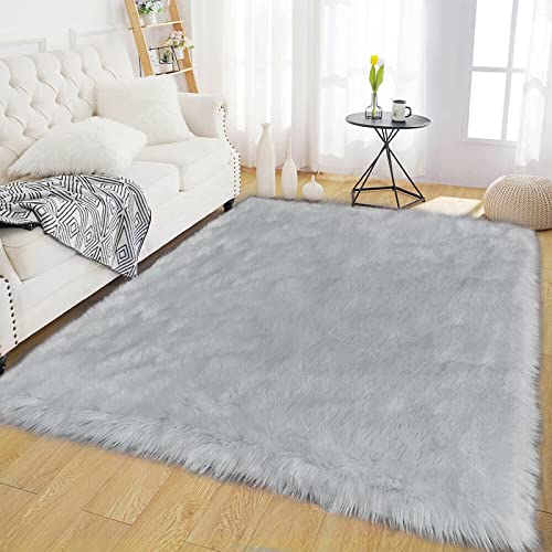 Grey Rugs for Living Room Shag 6x8 Faux Fur Sheepskin Rug for Sofa Bedroom Fluffy Washable Furry Plush Rugs (6' x 8' (Rectangular) / Grey)