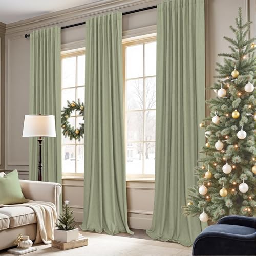 102 Inch Curtains Blackout Sage Green Christmas Decoration Black Out Linen Drapes for Bedroom Aesthetic Moody Retro Vintage Light Sage Spring Curtains for Living Room 8.5ft Length 52x102 Long 2 Panels (Sage Green / 52"W x 102"L (Pack of 2))
