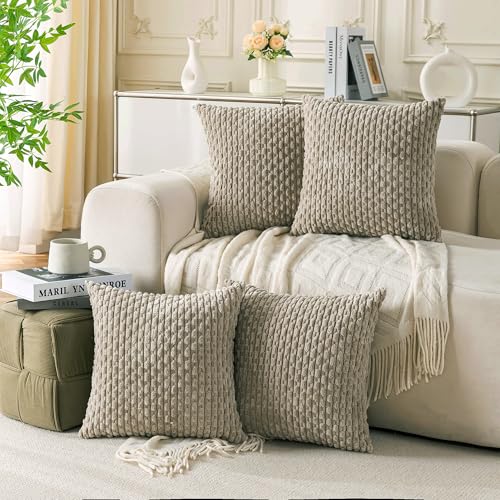Set of 4 Taupe Decorative Throw Pillow Covers 22x22 Inch Corduroy Pillow Covers for Bed Couch Sofa Living Room Soft Square Cushion Cases (Taupe / 22" x 22" (Pack of 4))
